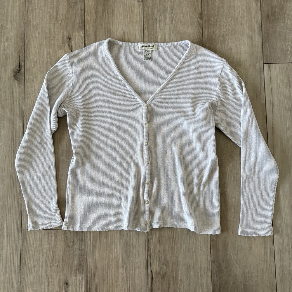 Vintage Eddie Bauer Cardigan Sweater Womens Sz Small 90s Cotton Beige Button Up